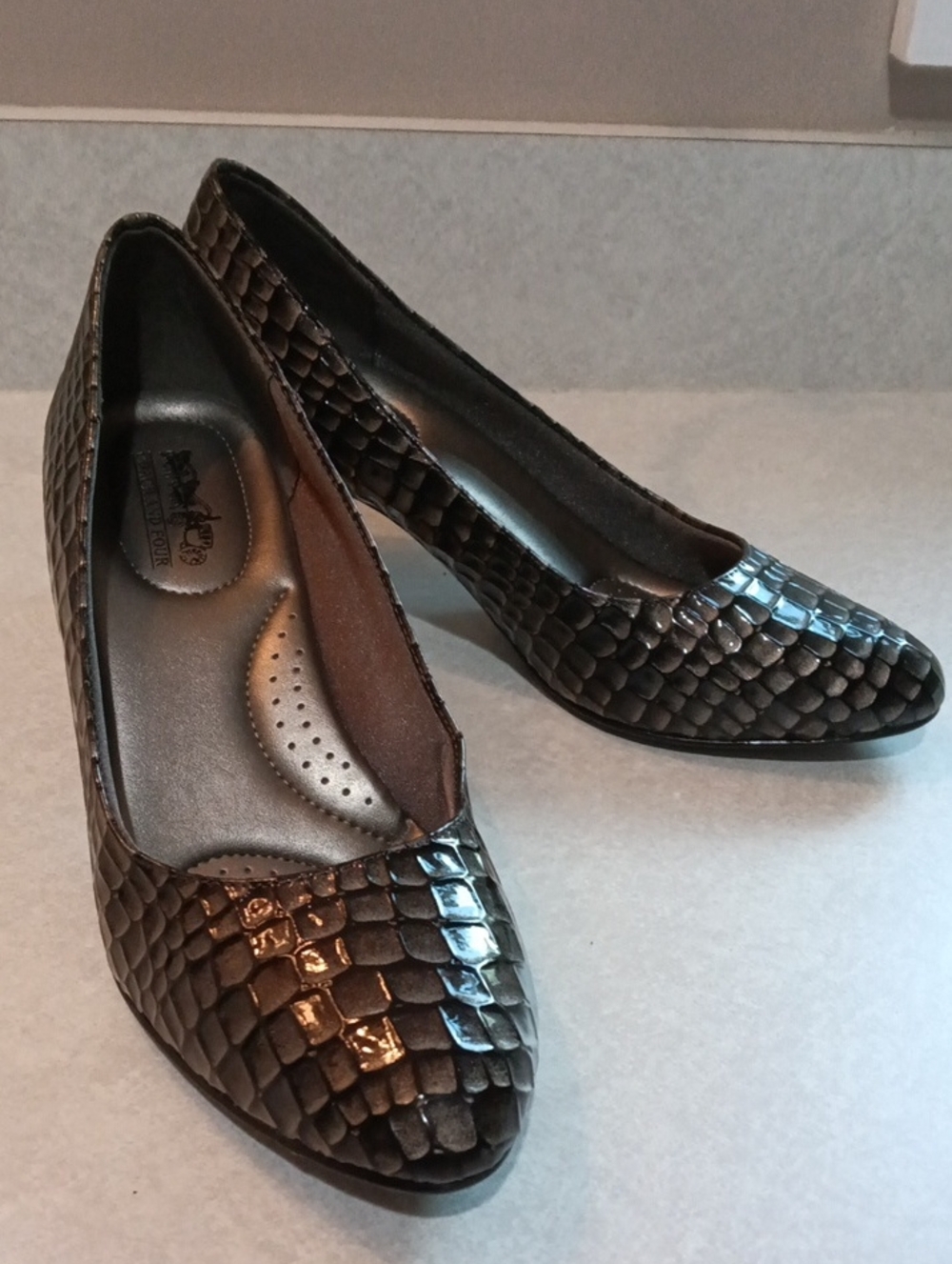 Coach And Four Bronze Metallic Snake-Embossed Flats